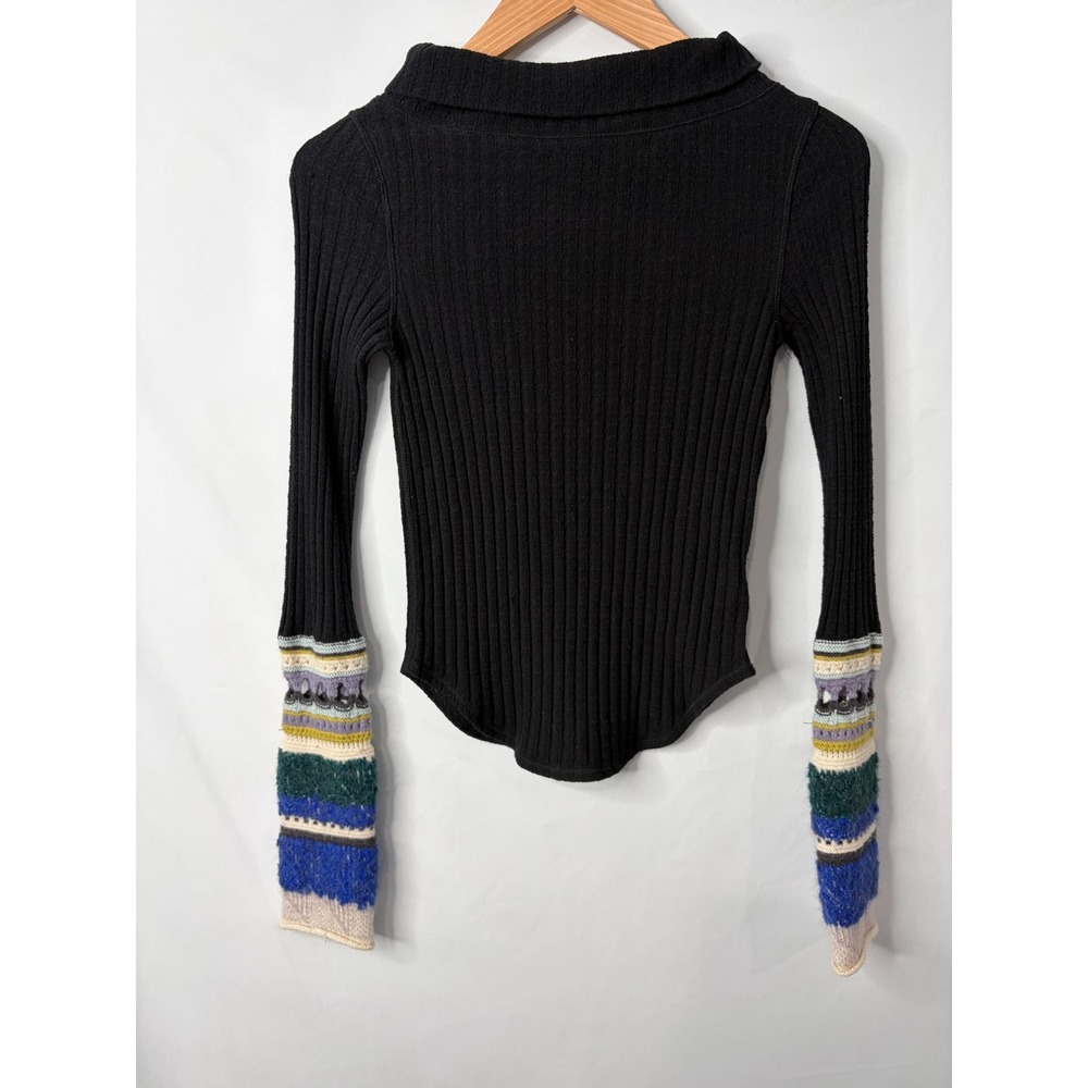 Free People Womens Black Ribbed Top Sz XS Knit Boho Sleeves Cuffs Festival Y2K